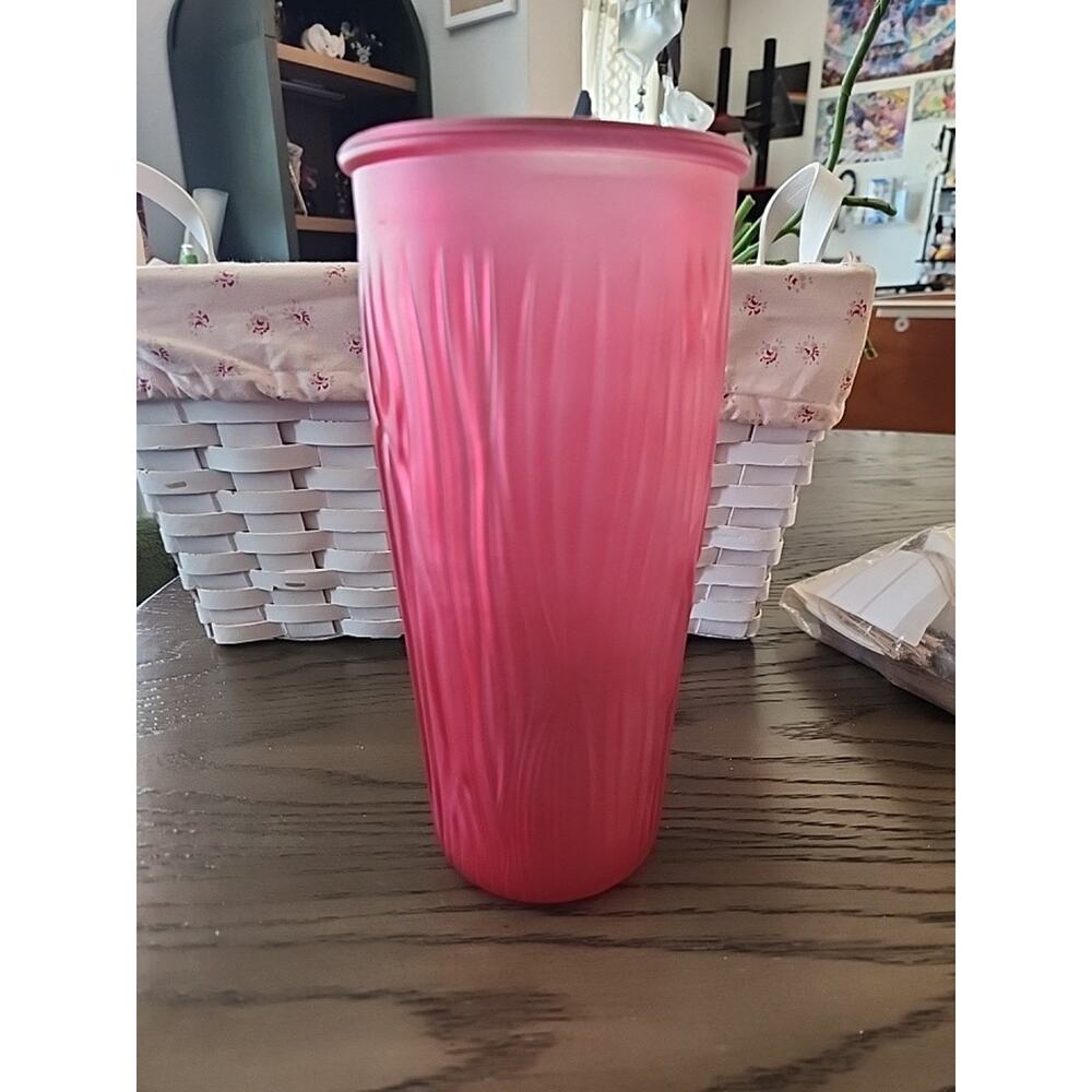 Vintage Pink Frosted Tectured Wave Pattern Glass Vase 10 Inches Tall